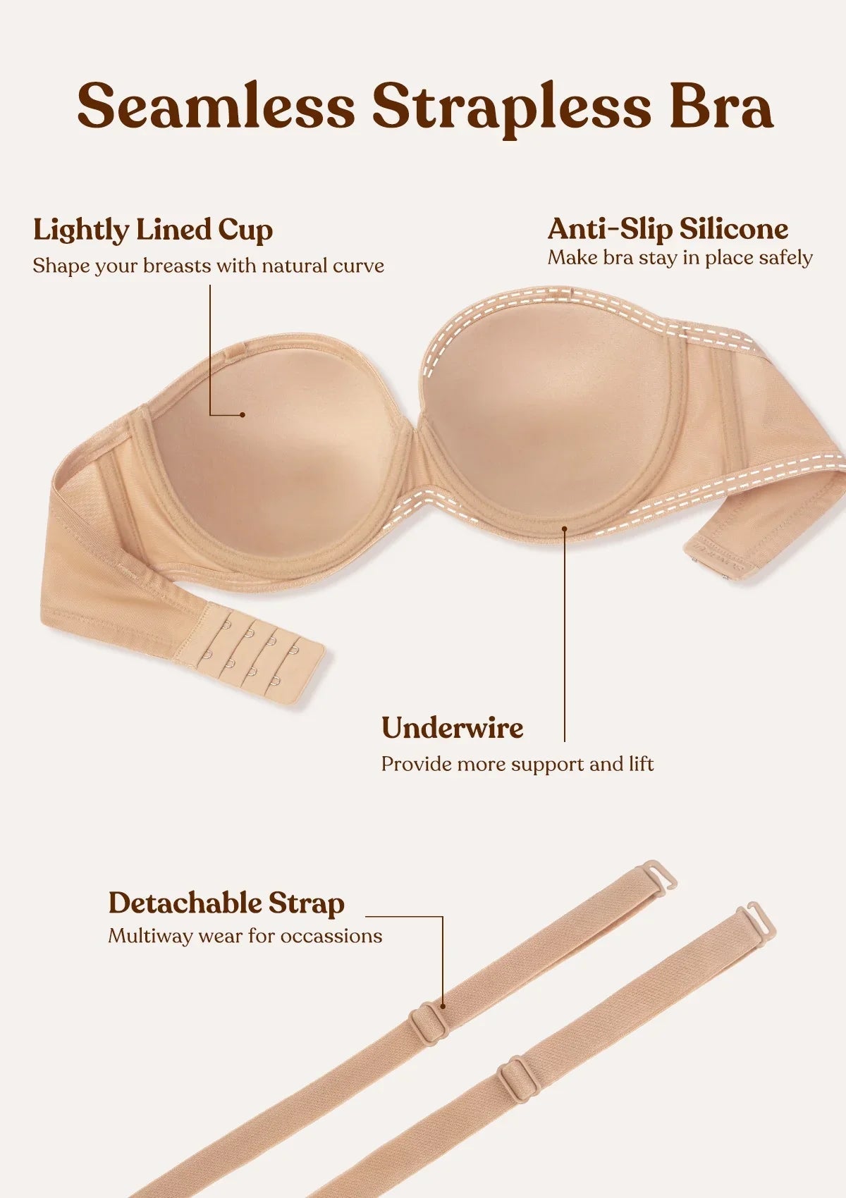 Seamless Lightly Lined Full Coverage Underwire Strapless Bra