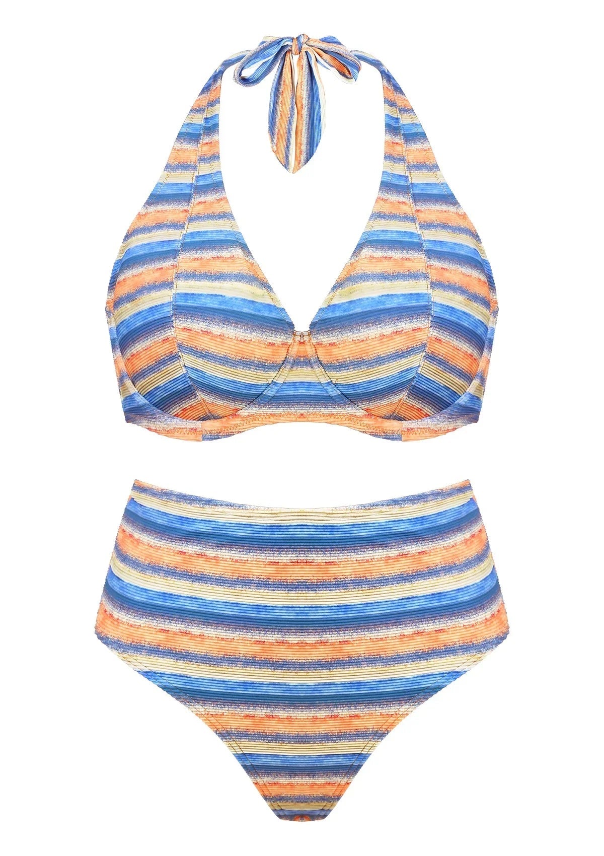 Multi Colored Striped Textured Halter Bikini Set