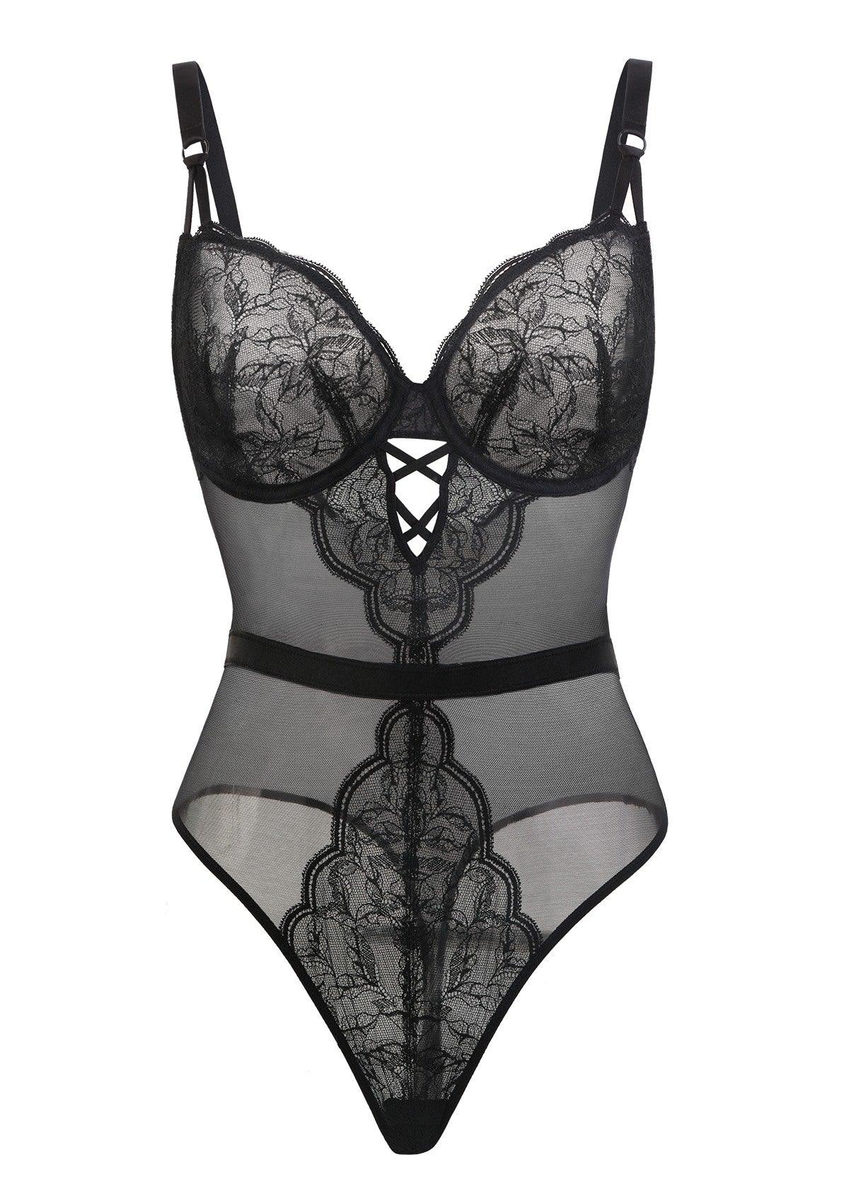 Blossom Mist Plus Size Lace Bodysuit Sexy Unlined Underwire Top Lingerie One Piece Snap Crotch Teddy