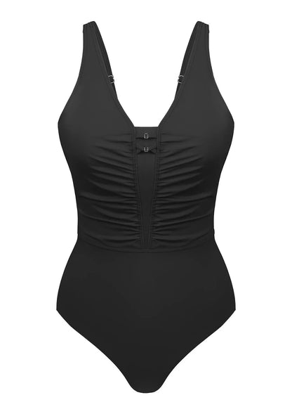 V-Neck Shirred One-Piece Swimwear