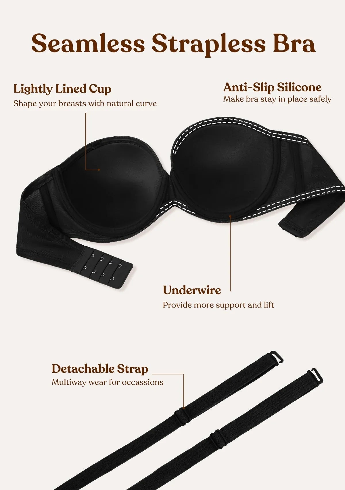 Seamless Lightly Lined Full Coverage Underwire Strapless Bra