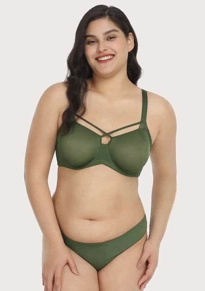 Billie Cross Front Strap Dark Green Smooth Sheer Mesh Underwire Bra