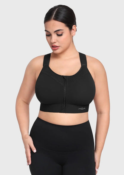 HSIA PowerMove High Support Zip Front Sports Bra Wireless No Bounce Adjustable Wide Straps