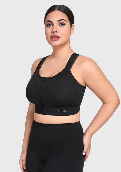 HSIA PowerMove High Support Zip Front Sports Bra Wireless No Bounce Adjustable Wide Straps