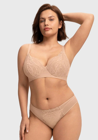 Serenata Flora Linear Lace Sheer Mesh Full Coverage Unlined Underwire Bra